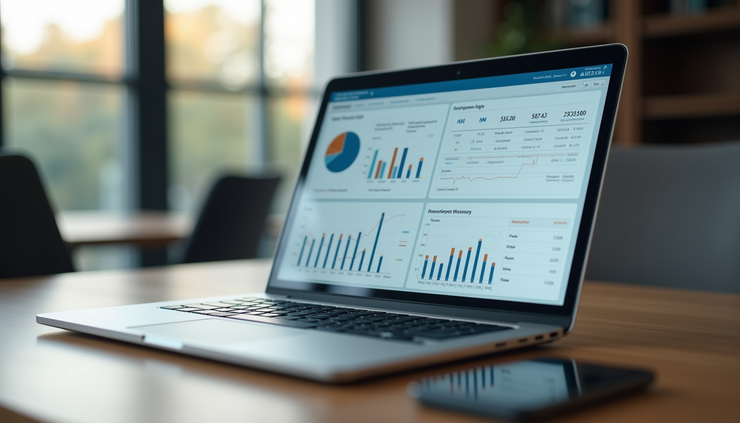 Eye-level view of a laptop screen showing an integrated dashboard of sales and inventory data