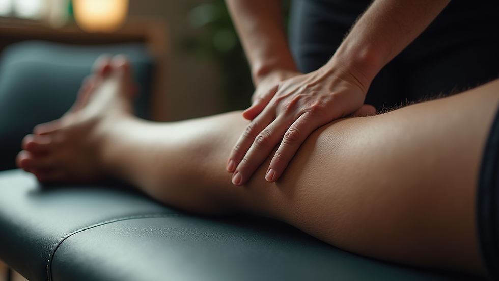 Close-up view of a sports massage session focusing on a runner's leg