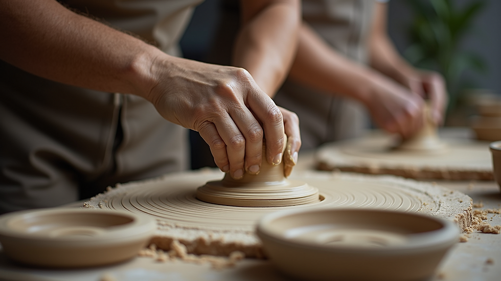Eye-level view of a pottery workshop with participants shaping clay