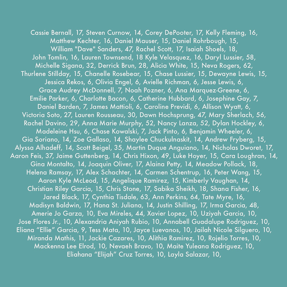 A list featuring the names of victims from K-12 mass shootings from Columbine to Robb