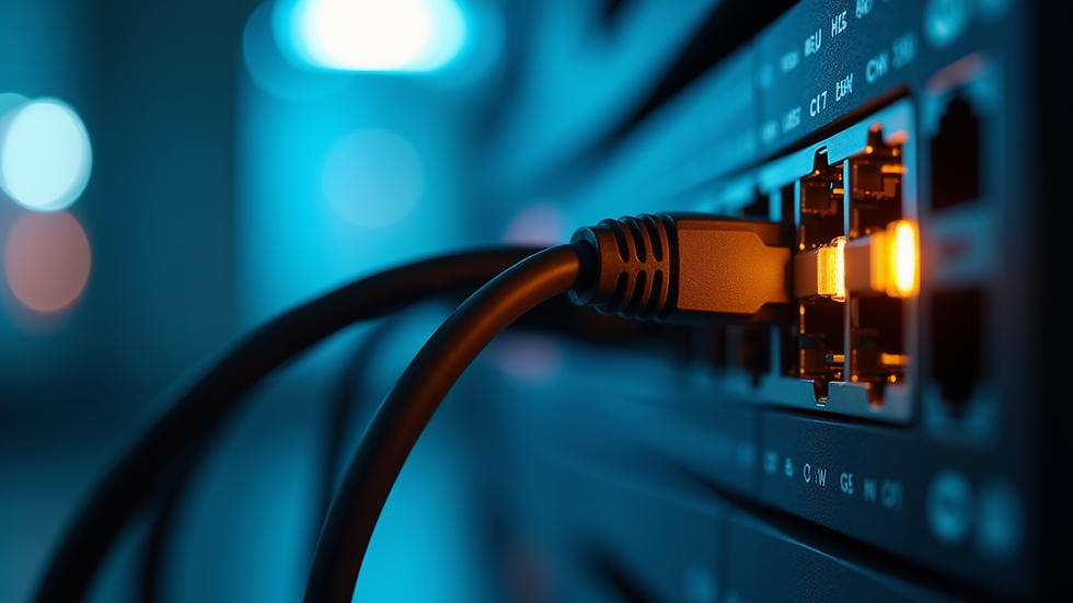Close-up view of an Ethernet cable connected to a network switch