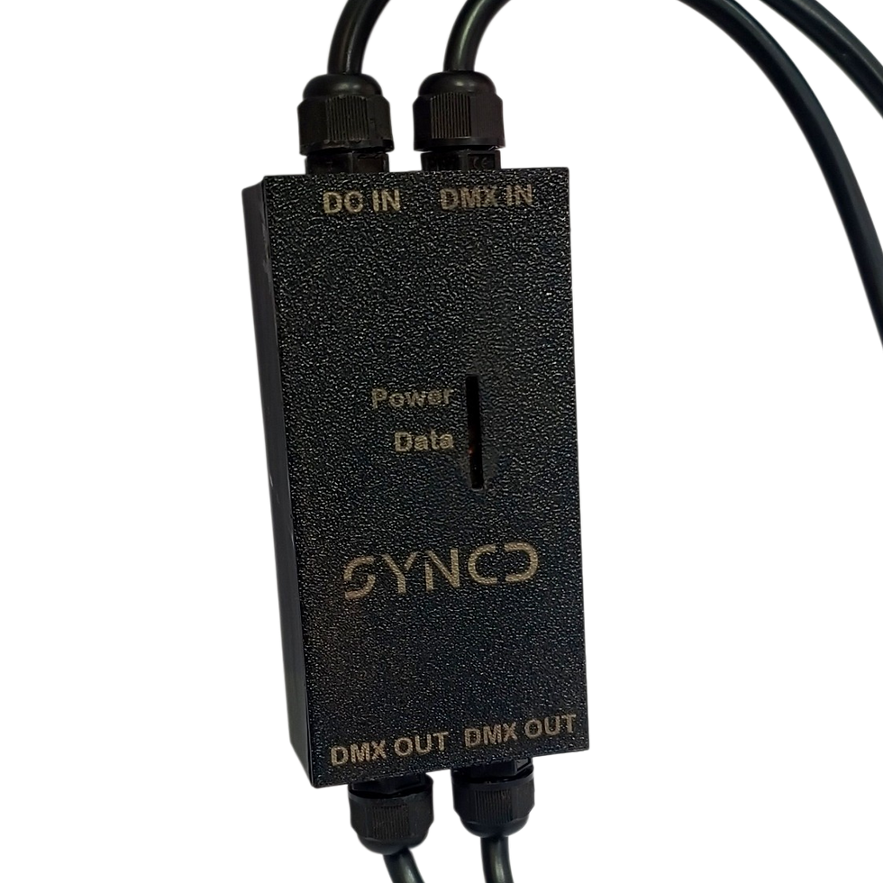 SyncD Underwater IP68 Isolated DMX Splitter 1x2 by Dhyani Technologies for fountain lighting control.