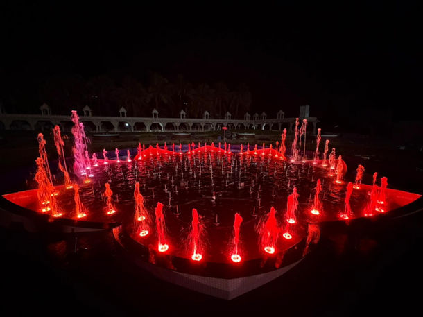Over 100 DMX fountain pumps creating synchronized water effects