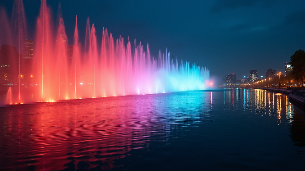 High angle view of a colorful water and light show at night