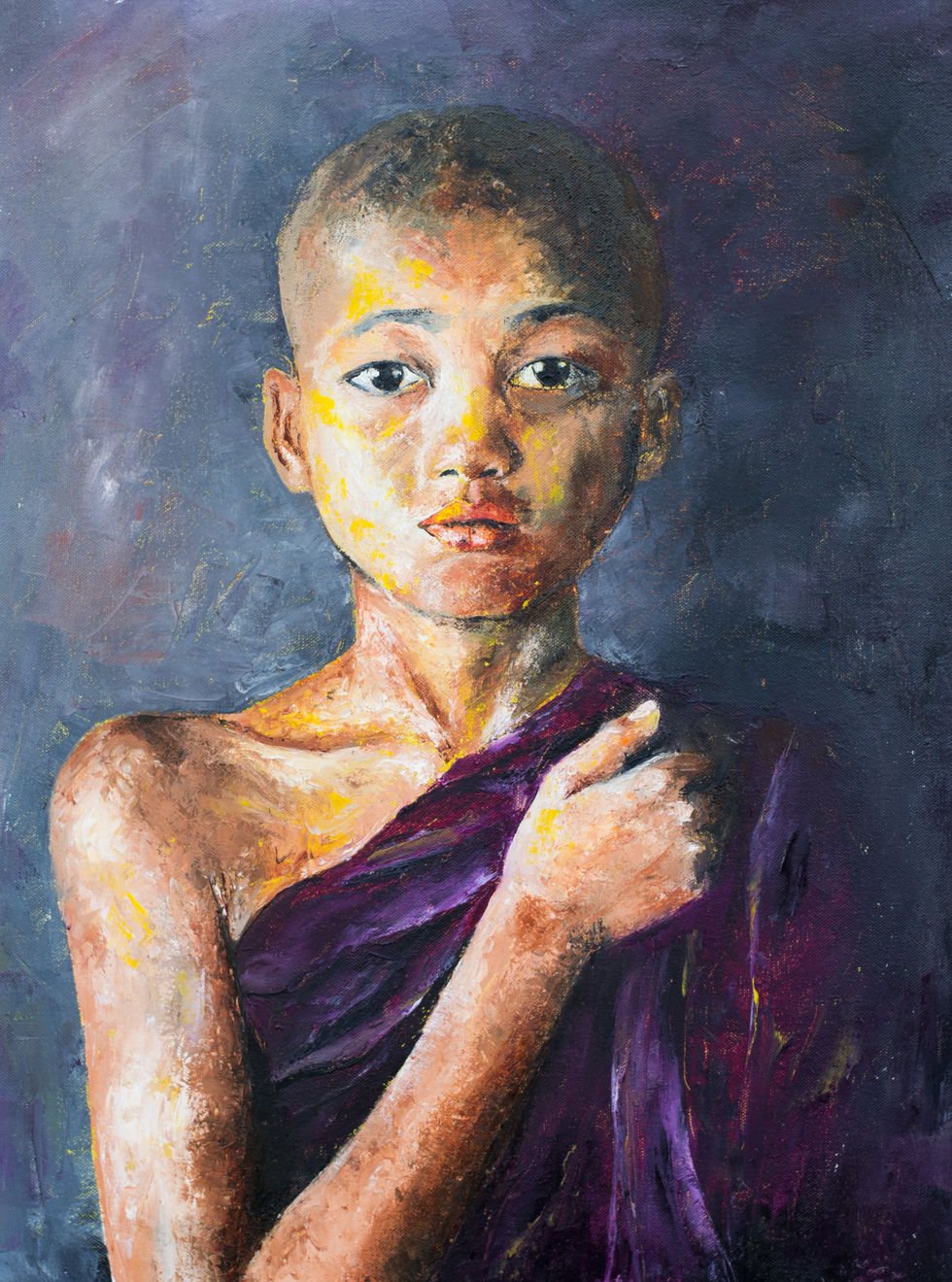 Palette knife oil painting of a child monk looking calm and composed