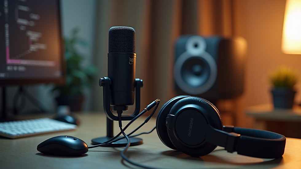 Close-up view of a microphone and headphones on a desk