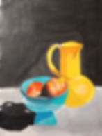 Colorful still life painting with a yellow pitcher, blue bowl, and fruits. Dark background and shadows create a contrast.