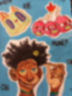 Colorful artwork with cartoonish faces; a person with starry eyes touches their hair, surrounded by bright doodles and words like "AYE" and "OH."