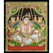 Ornate painting of a deity on a swing, flanked by two attendants. Rich colors, detailed patterns, and a majestic, serene atmosphere.