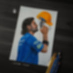 Drawing of a cricket player in a blue jersey holding a yellow helmet against a gray background. Four colored pencils beside the artwork.