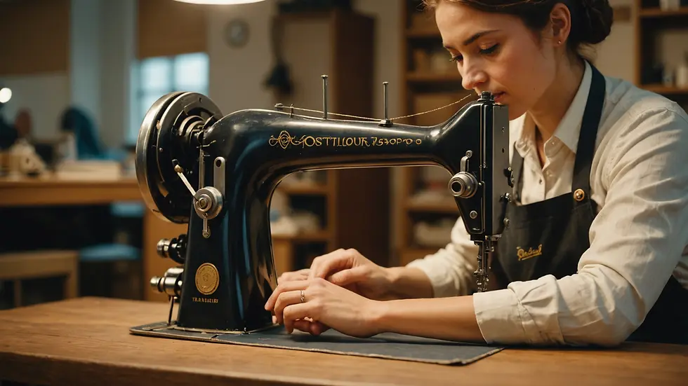 Eye-level view of a tailor working on a sewing machine
