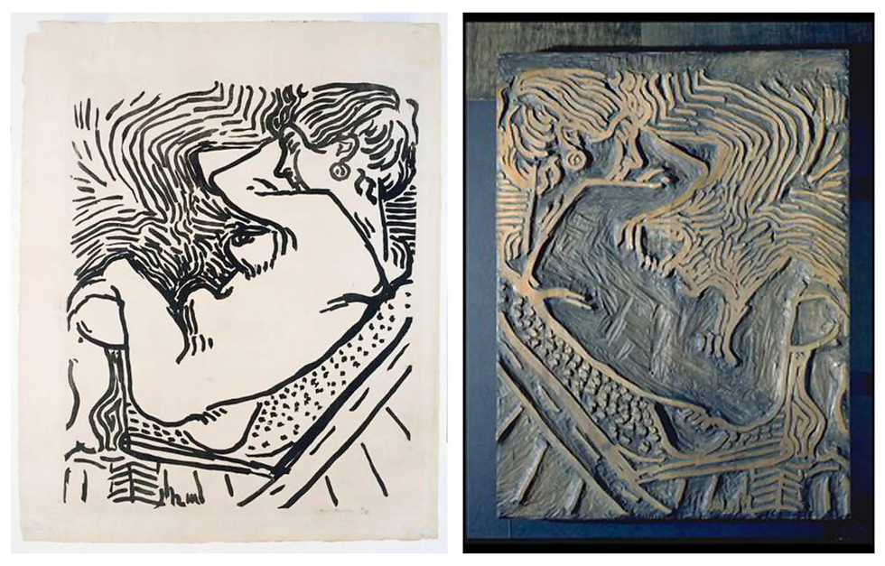 Two panels show a woman with flowing hair, one in black and white print, the other in carved wood with textured lines. Artistic design.