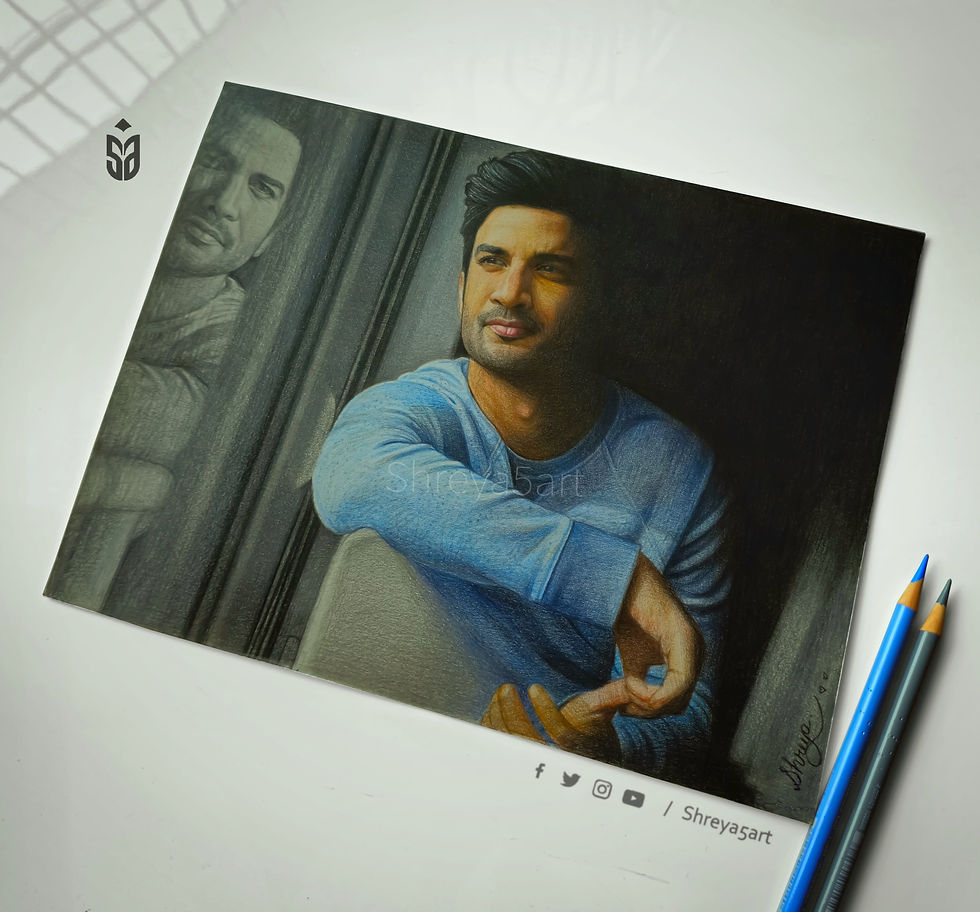 Drawing of a man in a blue shirt, leaning on a window, with a reflective expression. Two pencils lie beside the artwork.