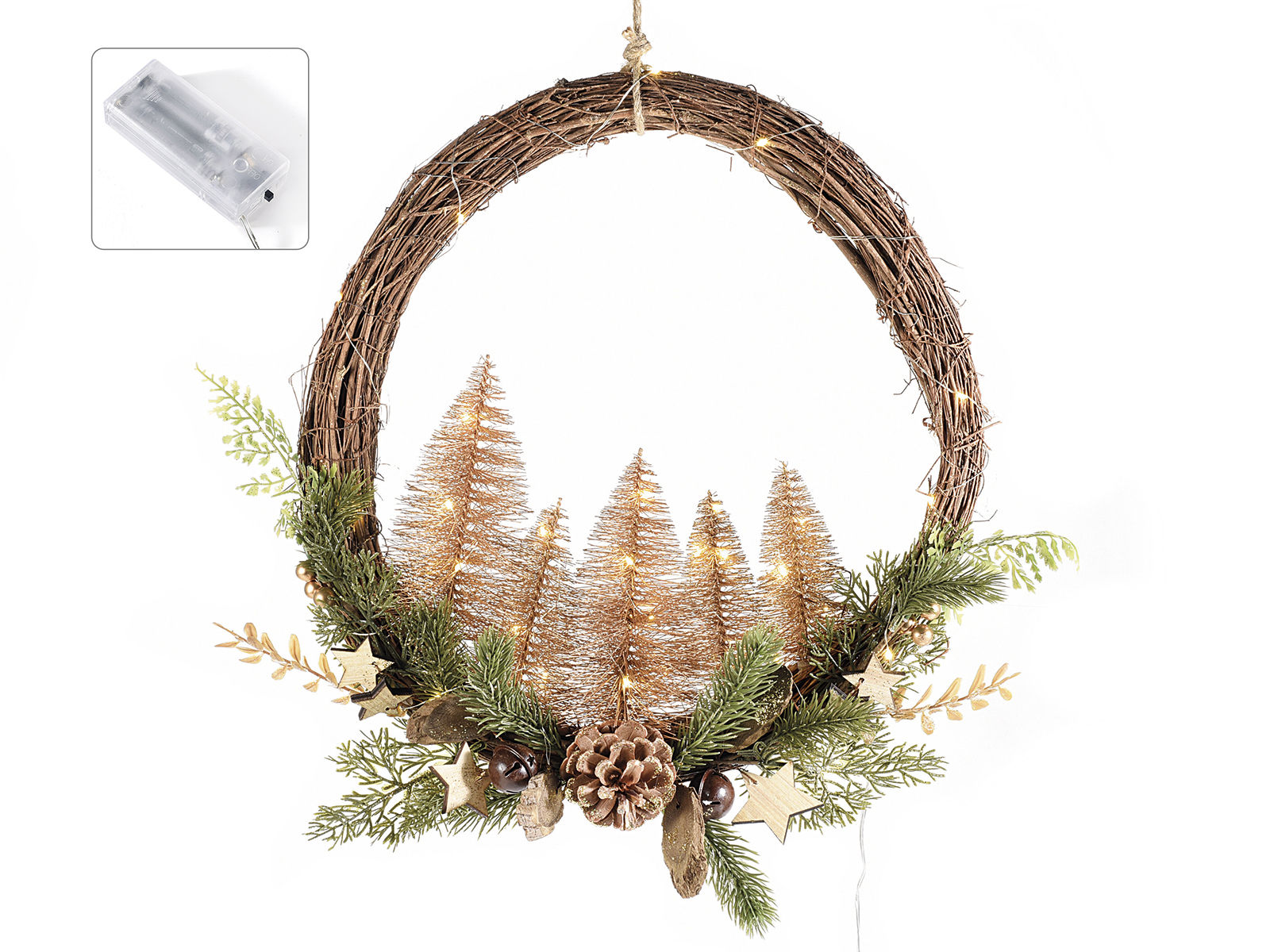 Garland firs and gold glittered pine cones, bells and LED
