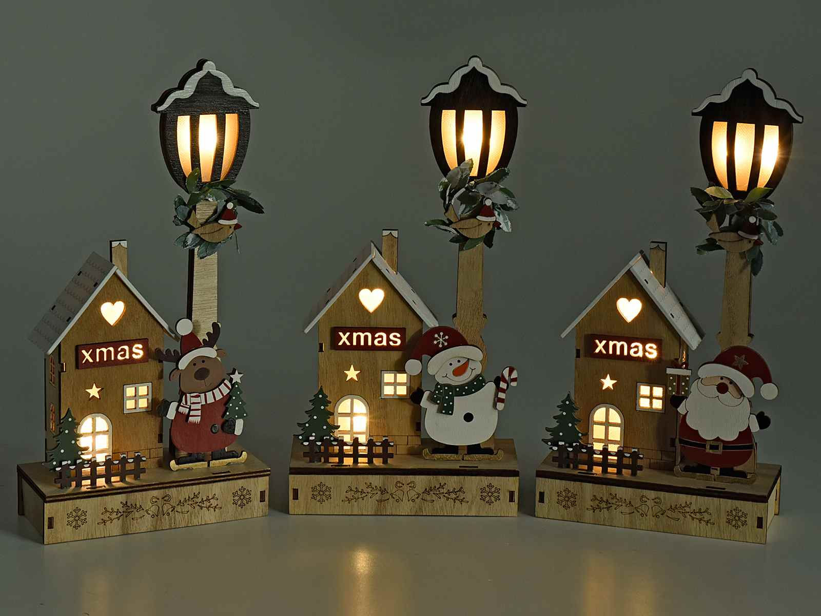 Christmas cottage with wooden lamppost, warm white LED light