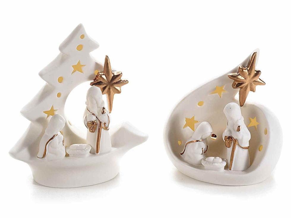 Thumbnail: White ceramic nativity scenes with gold-coloured details and LED lights