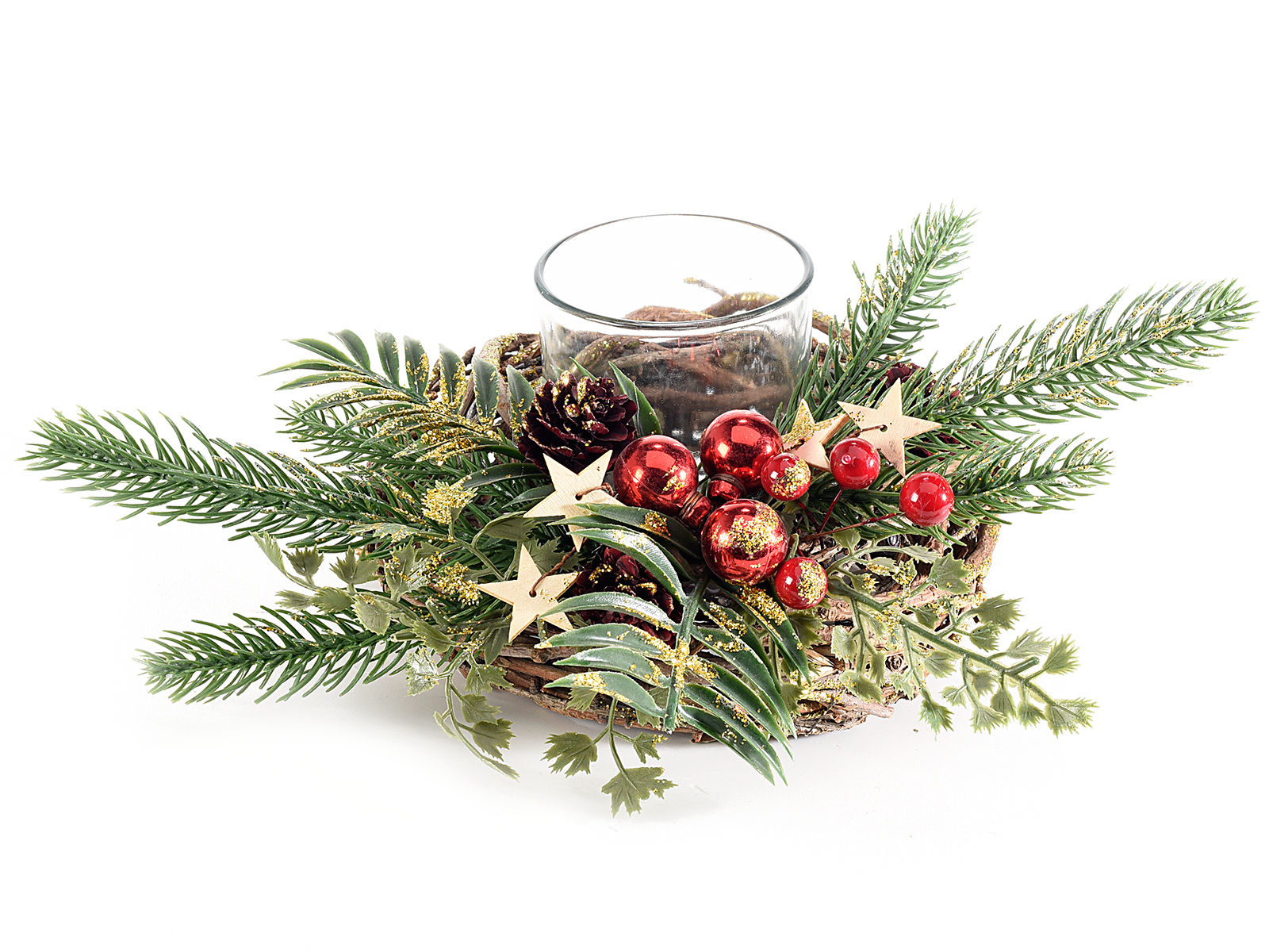 Centerpiece with pine cones, berries, balls and candle holder