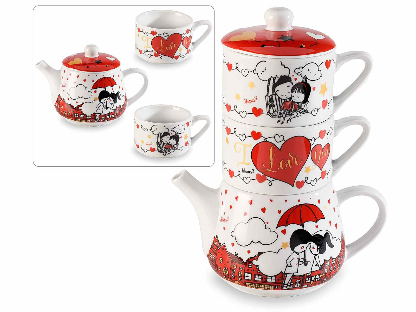 Teapot and 2 porcelain cups set with hearts and lovers