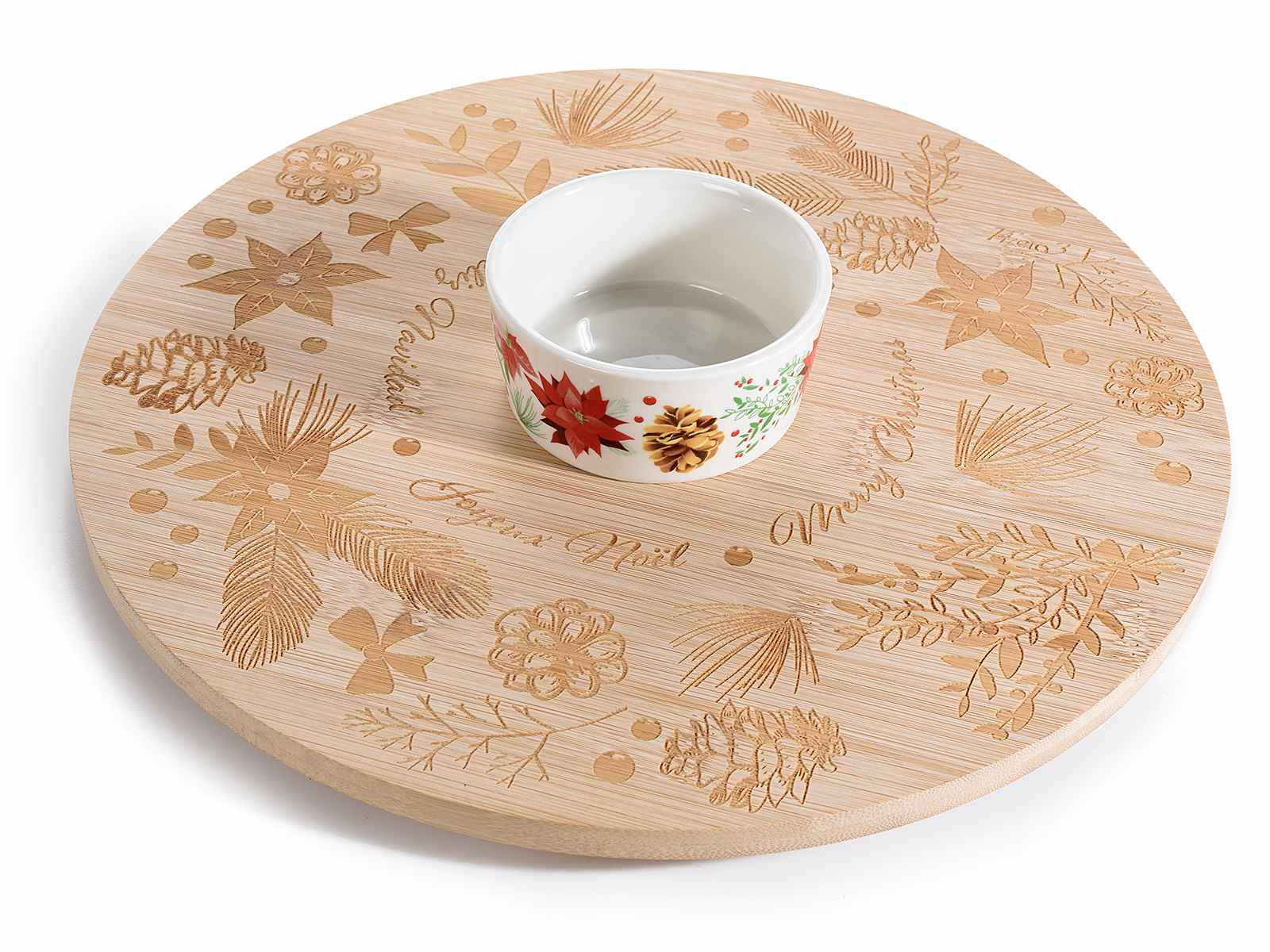 Aperitif set with revolving wooden chopping board and ceramic cup