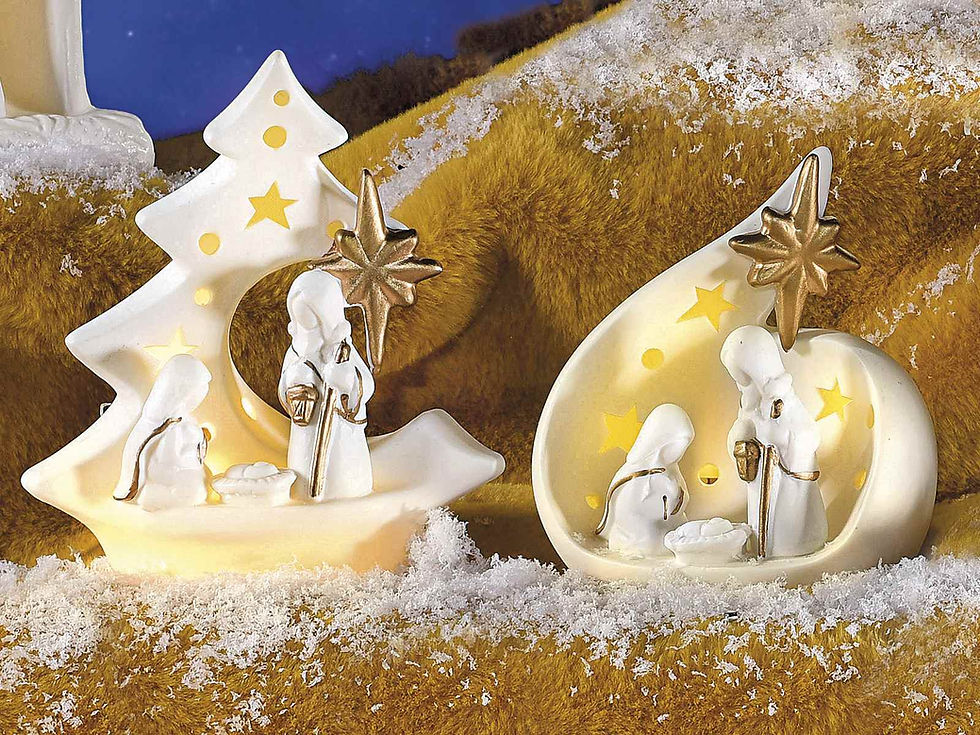 Thumbnail: White ceramic nativity scenes with gold-coloured details and LED lights