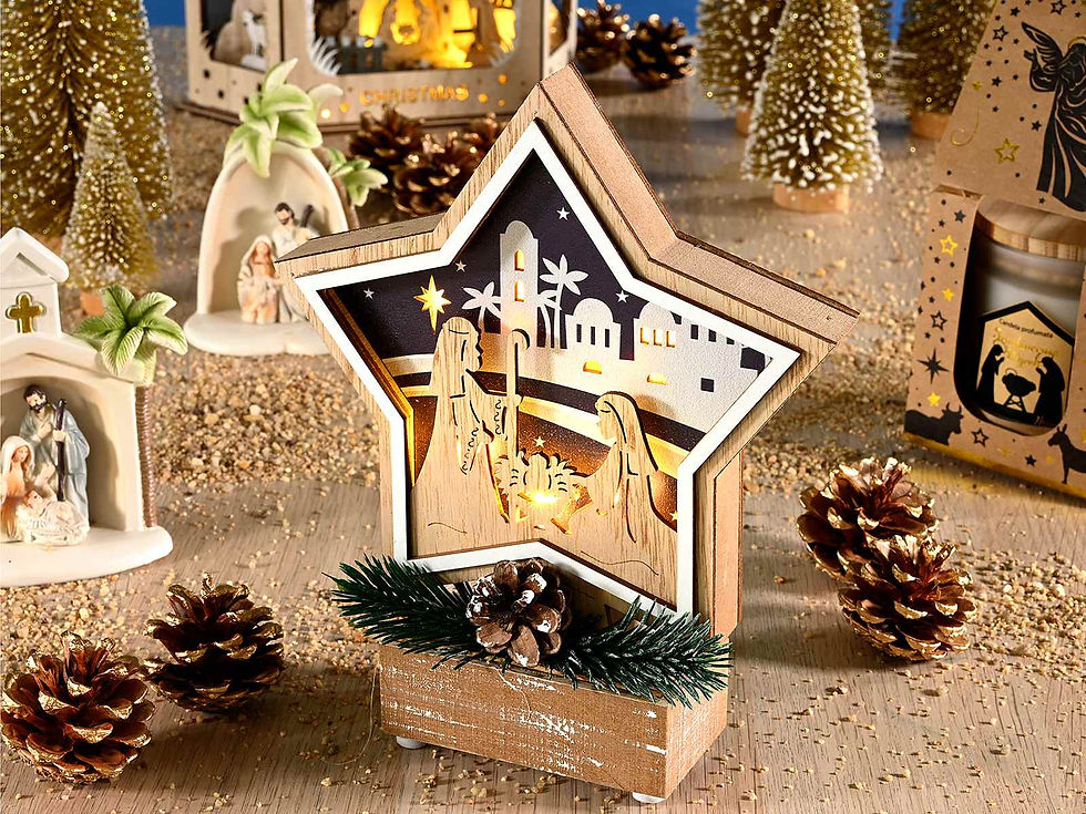 Thumbnail: Wooden star-shaped nativity scene with carvings, LED lights