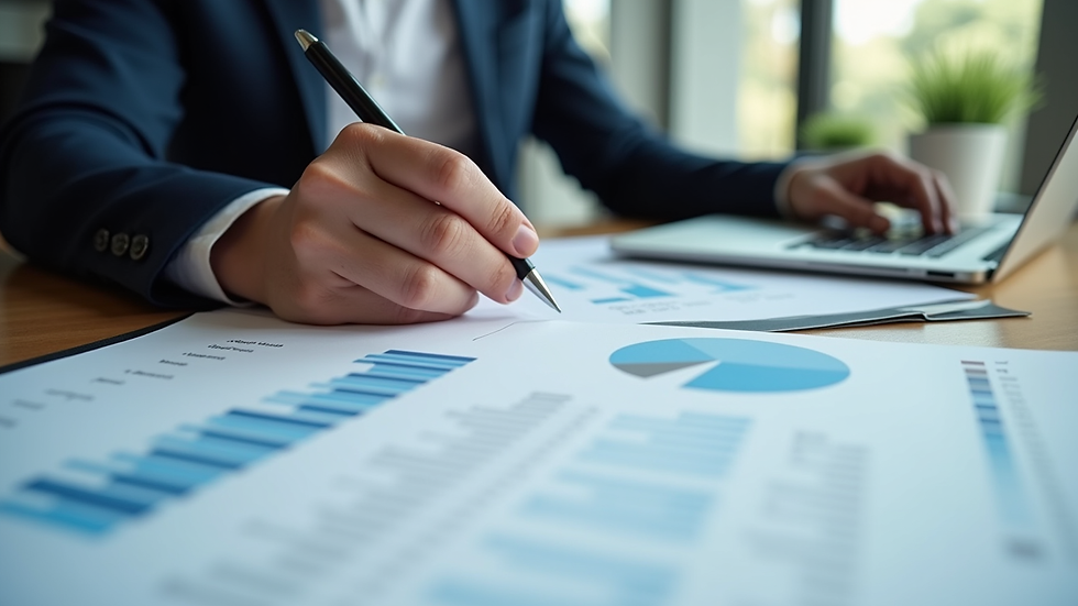 Eye-level view of a small business owner reviewing financial reports on a desk