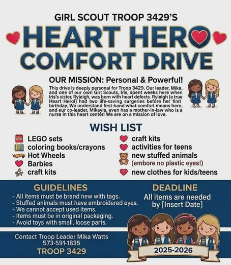 GIRL SCOUT TROOP HOSTING HEART HERO COMFORT DRIVE