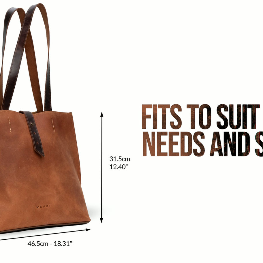 alt="Model styling the Livia minimalist genuine leather tote bag by Venzi"