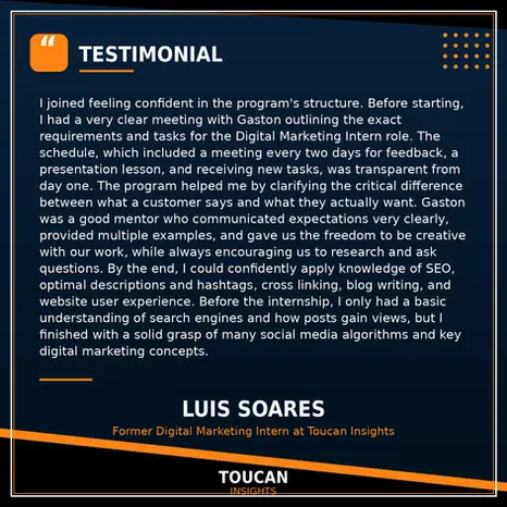 Testimonial card from Luis Soares – former Toucan Insights marketing intern