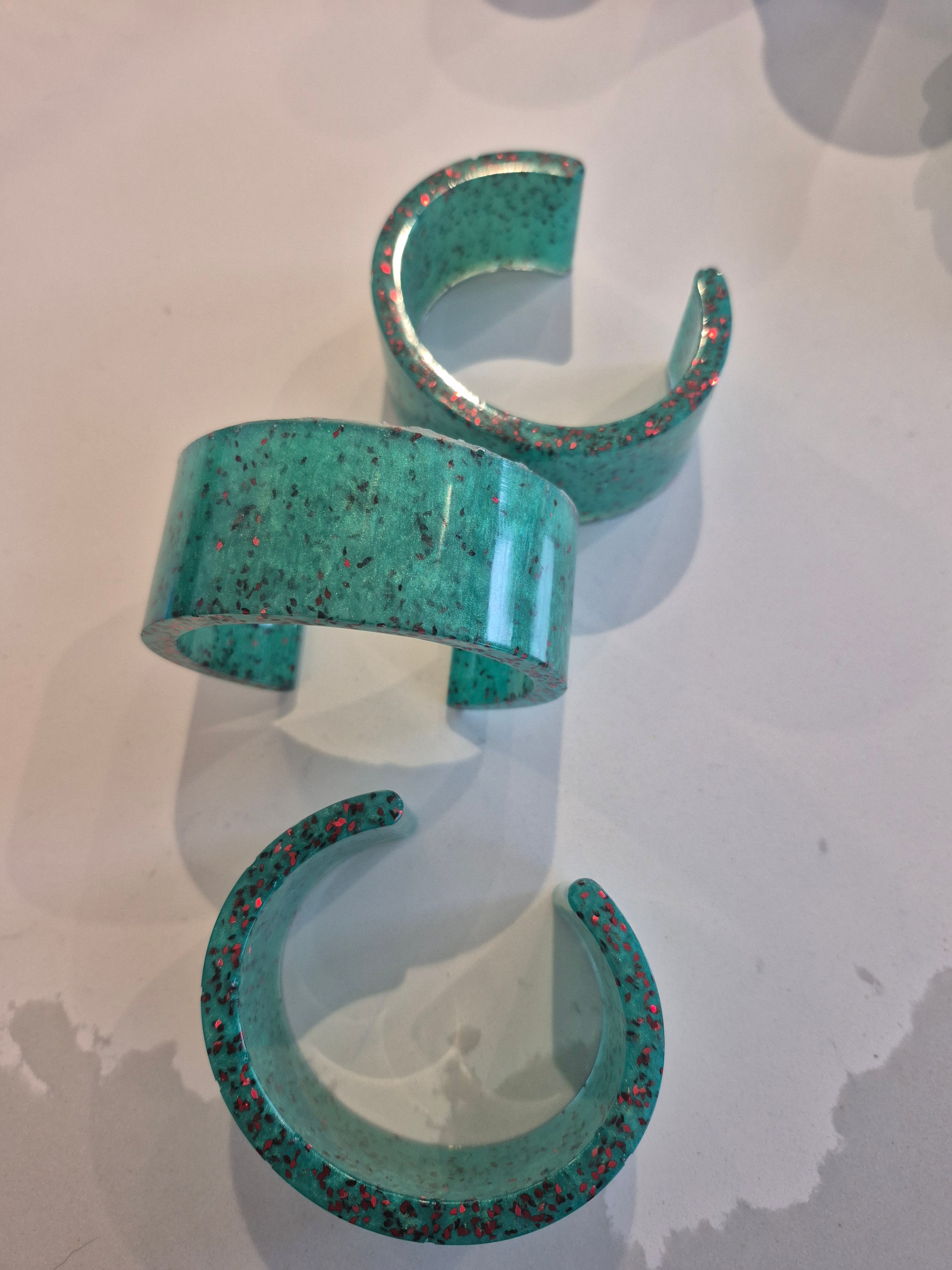 C Shape Bangles -Green & Red Glitter Resin - Each