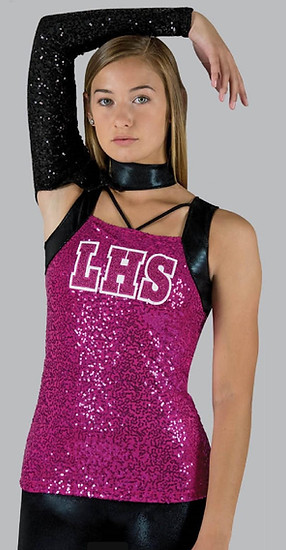 Affordable dance sequin cheer uniform with sleek black accents, perfect for budget-friendly cheerleading and dance teams.