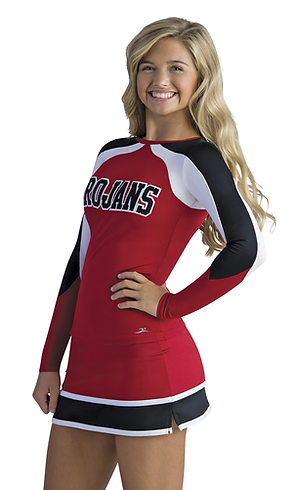 Stretch cheer uniform in red, black, and white with 'Trojans' lettering. Price: $129.