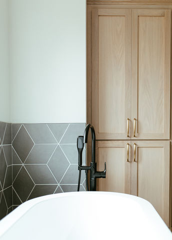 Classic Contemporary Primary Bathroom Wall Tile, Cabinetry, Freestanding Tub, Floor Mounte