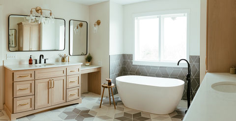 Classic Contemporary Primary Bathroom Oak Vanity, Playful Tile, Freestanding Tub, Bathroom