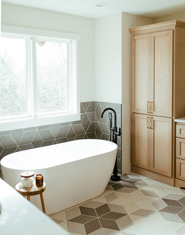 Classic Contemporary Primary Bathroom Tub, Tile & Cabinetry