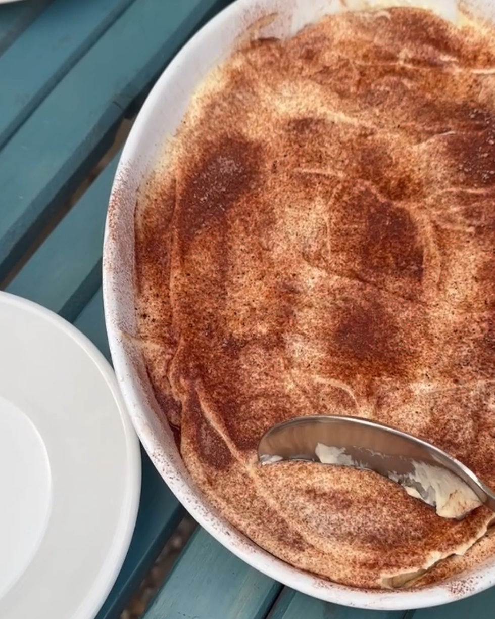 Classic Italian tiramisù served at a women’s wellness retreat in Umbria, Italy, alongside the recipe ingredients and preparation steps.