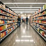 Food and beverage products on warehouse shelving used for fulfillment and distribution