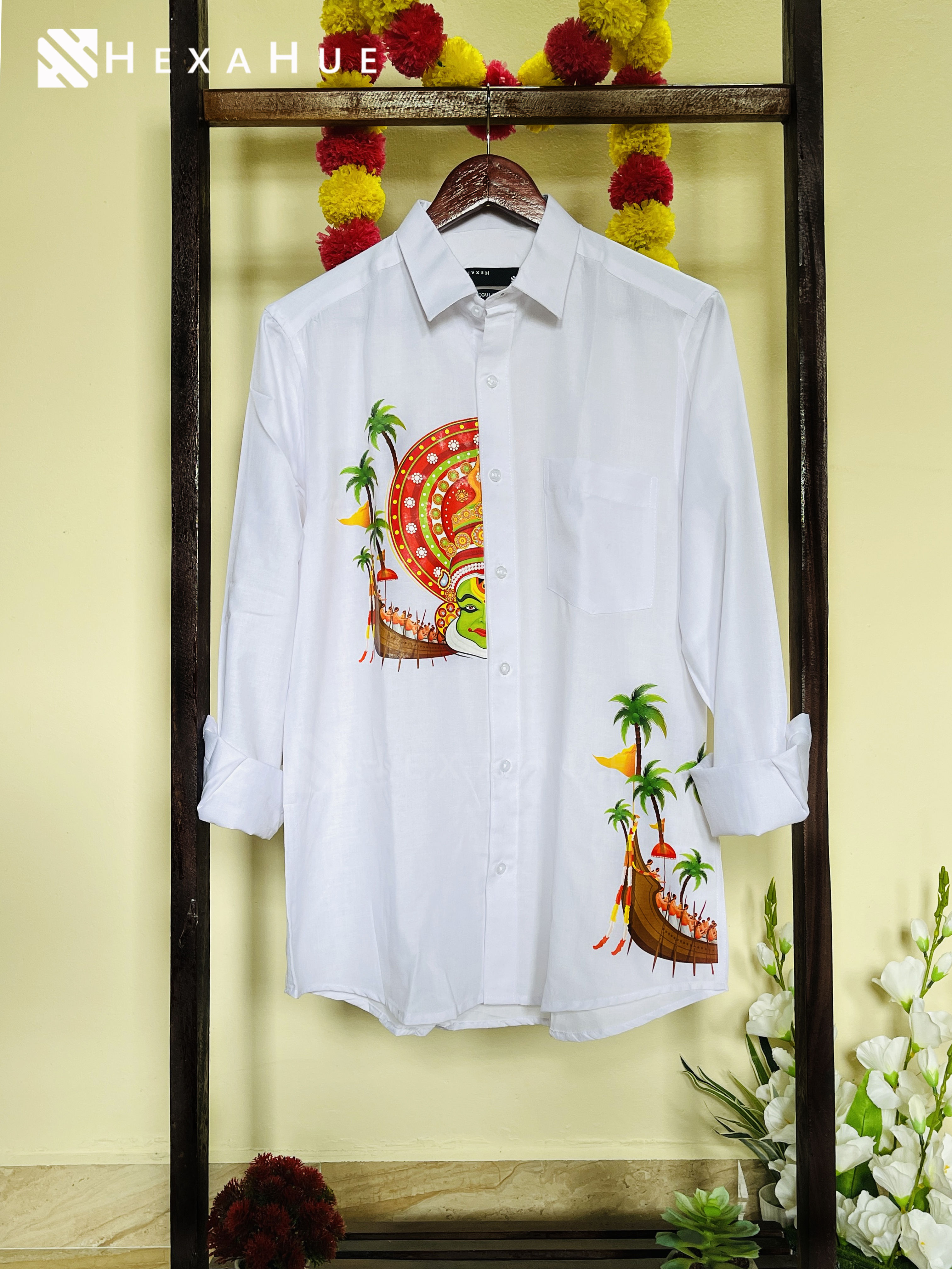 Onam Kathakali Printed White Colour Cotton Full Sleeve Shirt
