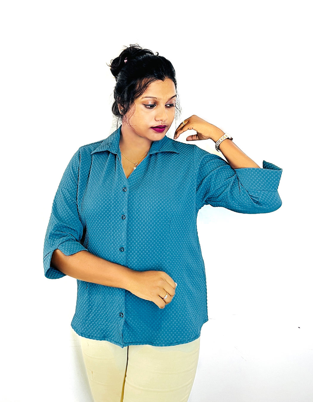 Teal blue cotton popcorn ladies shirt