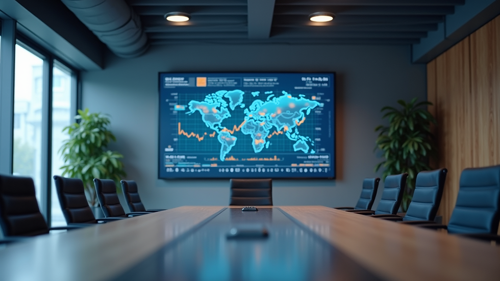 Eye-level view of a modern office meeting room with a digital screen displaying data charts
