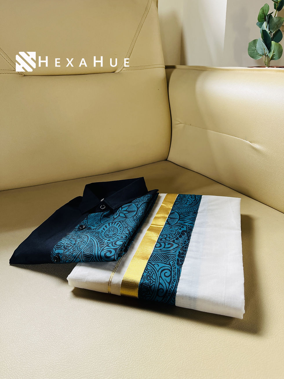 Thumbnail: Black colour cotton one side Green Printed Half Sleeve Shirt Dothi Combo