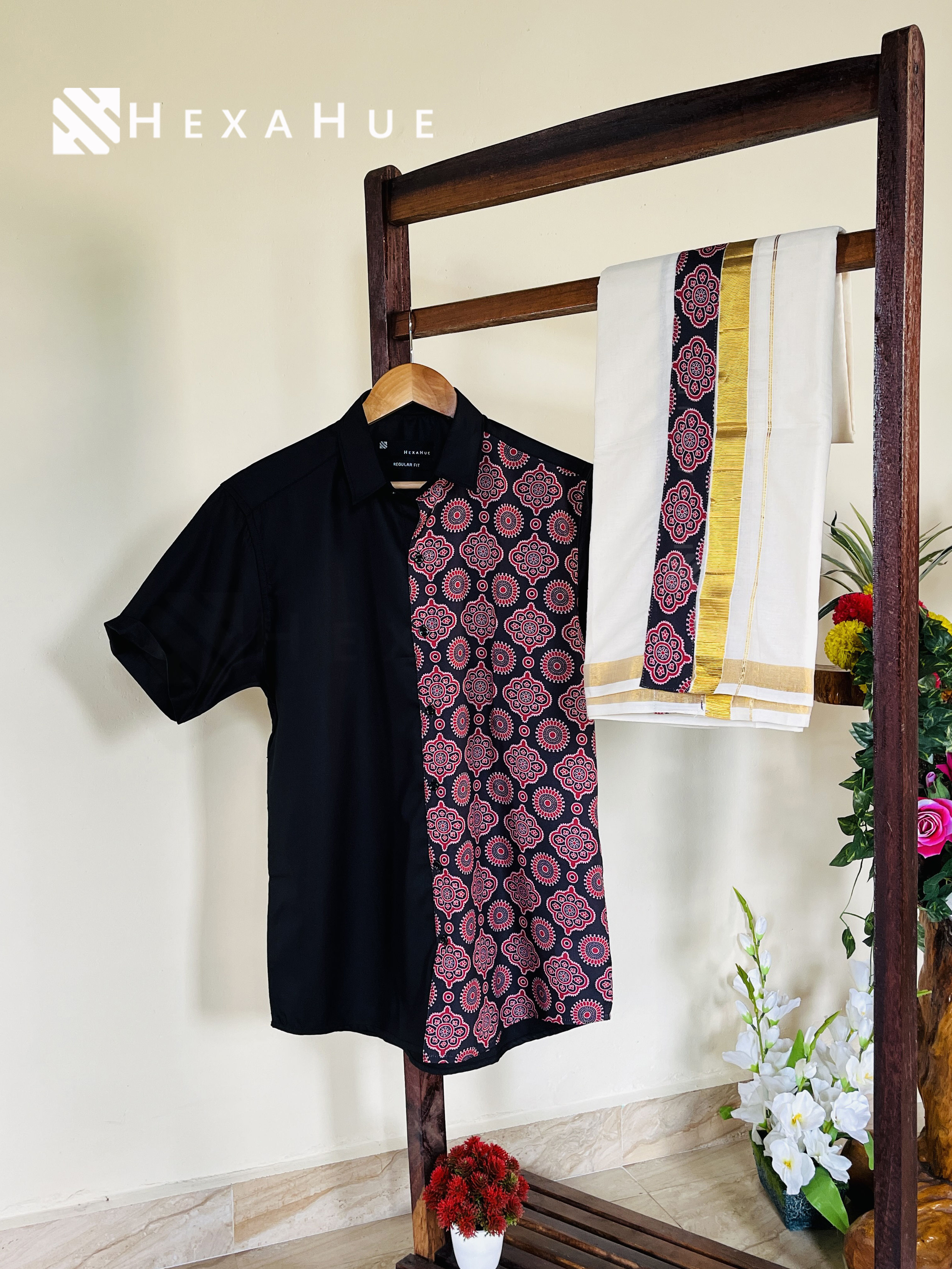 Black colour cotton one side  Printed Half Sleeve Shirt Dothi Combo