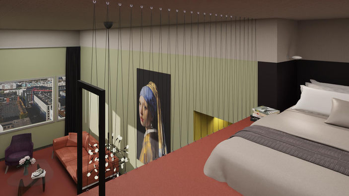Farbkonzept für vertikales Miniloft im ehemaligen Swissôtel Zürich Oerlikon mit Violet de Nuit und Vert Amande, inspiriert von Béton Brut und den 1970er Jahren.