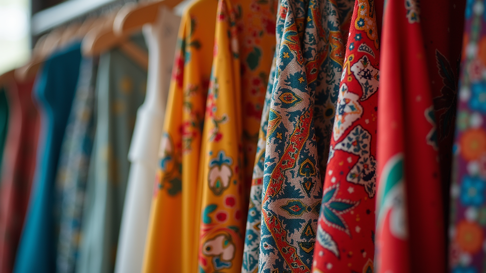Eye-level view of a clothing rack with colorful ethnic dresses