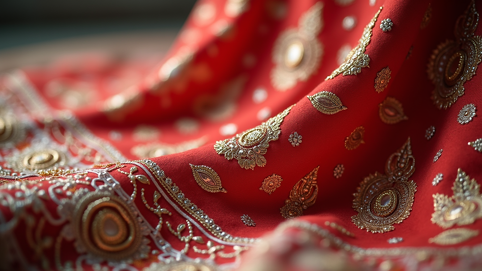 Close-up view of embroidered fabric on a traditional Indian lehenga