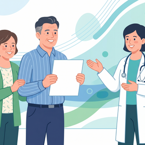 健康診断の結果を見ながら内科医に相談する中高年の男女のイラスト