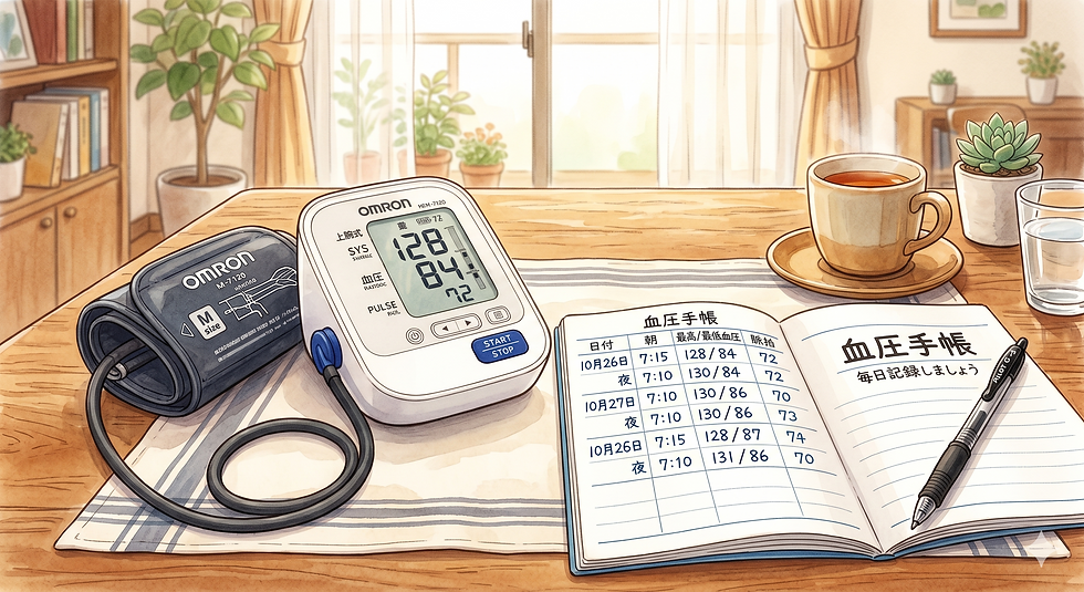 自宅で上腕式血圧計を使って家庭血圧を記録する様子