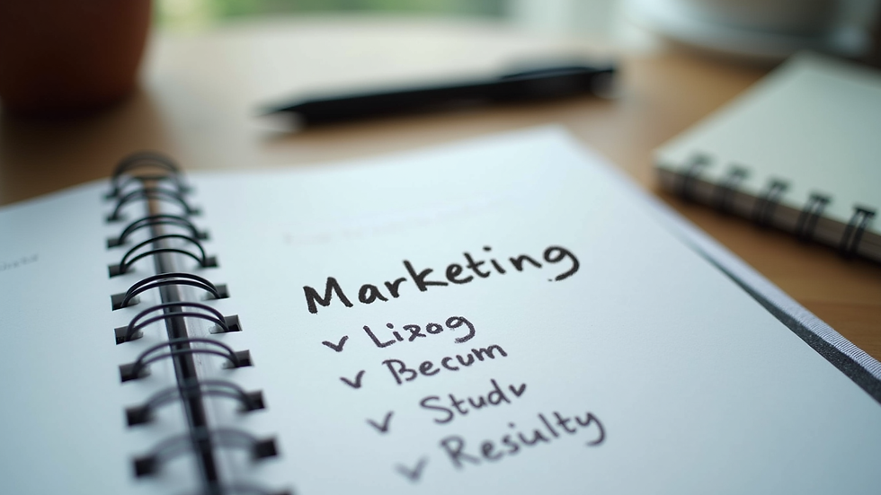 Close-up view of a notebook with marketing strategy notes and a pen