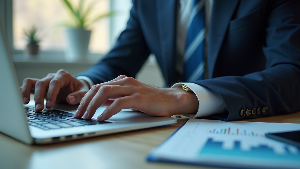Eye-level view of a business analyst reviewing sales data on a laptop