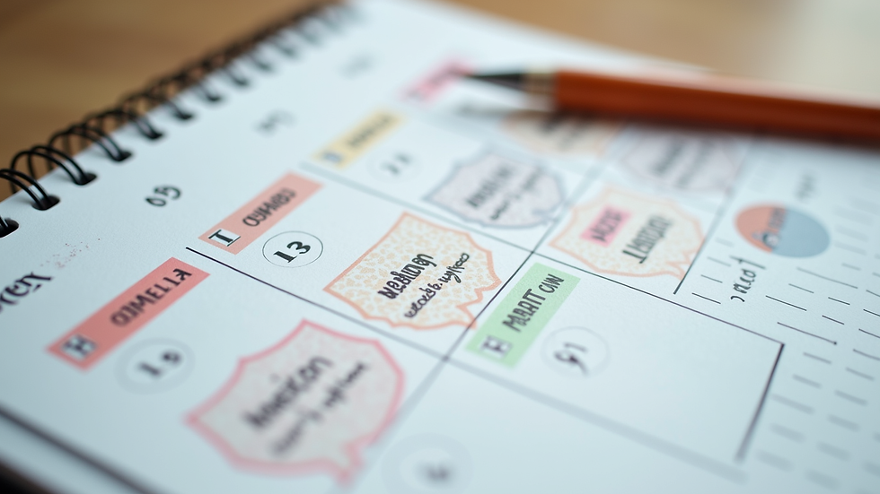 Close-up of a calendar with habit tracking stickers and a pen